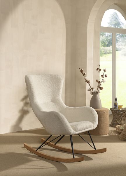 Comfortabler Schaukelstuhl, Bezug Bouclé Creme-Weiß