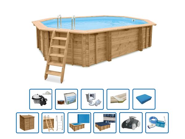 Interline Holzpool "Java" 6,40 x 4,00 m/ 1,36m Achteck Oval (Inkl. Pumpenhaus &amp; Poolroboter)
