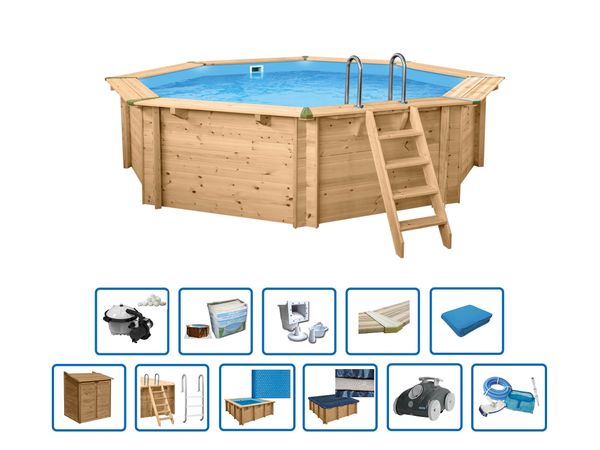 Interline Holzpool "Java" ø 5,30 m/ 1,36m Achteck Rund (Inkl. Pumpenhaus &amp; Poolroboter)