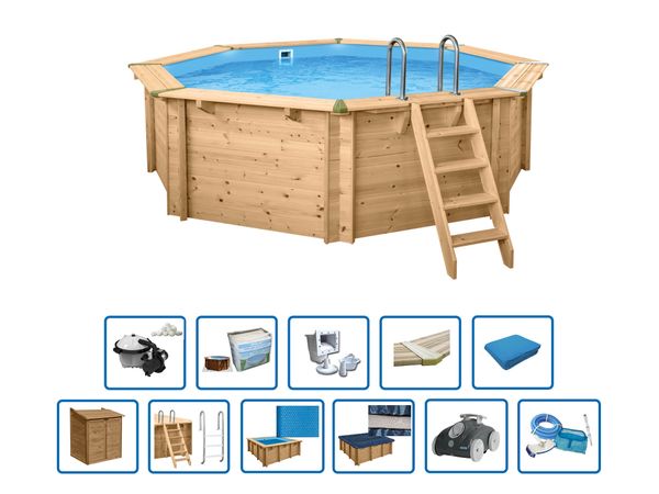 Interline Holzpool "Java" ø 4,40 m/ 1,36m Achteck Rund (Inkl. Pumpenhaus &amp; Poolroboter)
