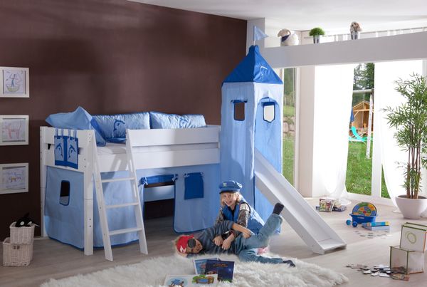 Spielbett KIM 90x200 cm, mit Rutsche und Turm Buche weiß lackiert Stoffset blau/delfin