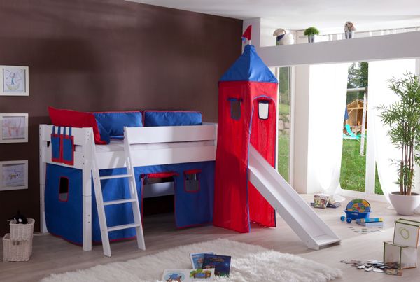 Spielbett KIM 90x200 cm, mit Rutsche und Turm Buche massiv weiß lackiert Stoffset blau/rot