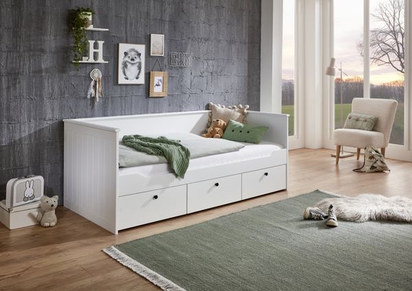 Funktionsbett eLeona 90x200 cm ohne Lattenrost, mit 3 Schubladen, Ausf. Weiß lackiert