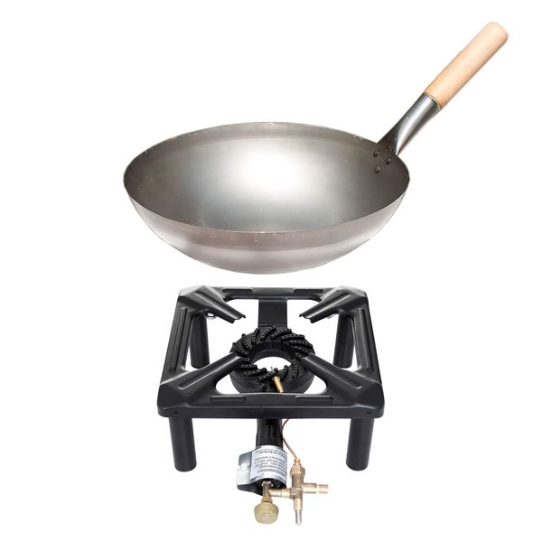 Hockerkocher-Set (klein) mit Zündsicherung mit Stahl-Wok Ø 30 cm