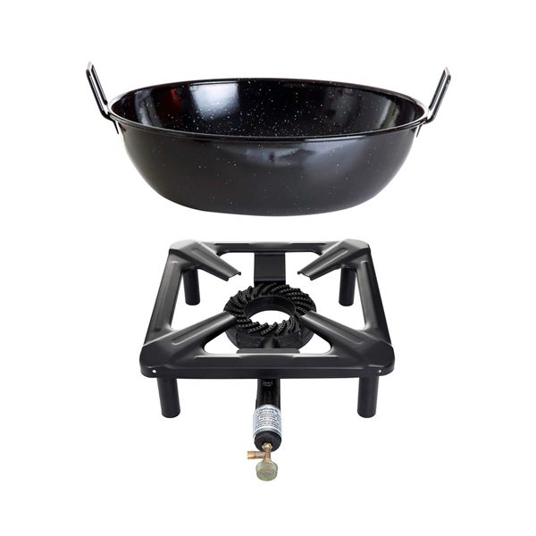 Hockerkocher-Set (klein) ohne Zündsicherung mit Emaille-Schüssel/Topf Ø 30 cm
