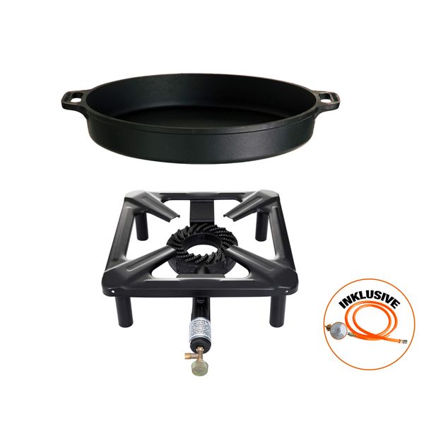 Hockerkocher ohne Zündsicherung + Gusseisenpfanne 40 cm - Camping, Freizeit, Profiköche