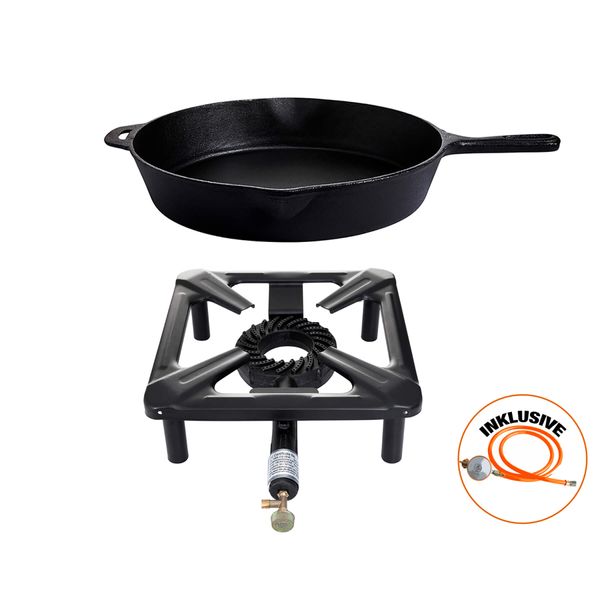 Hockerkocher ohne Zündsicherung, Gusspfanne Ø 39 cm, Camping, Freizeit, Profiköche