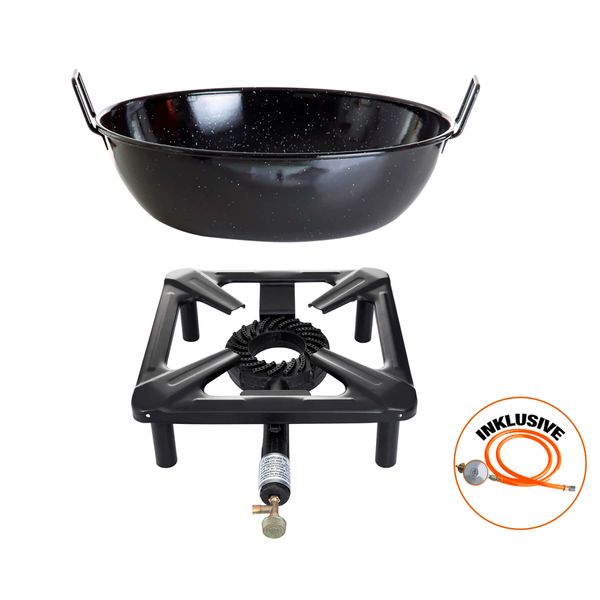 Hockerkocher-Set (klein) ohne Zündsicherung mit Emaille-Schüssel / Topf Ø 30 cm