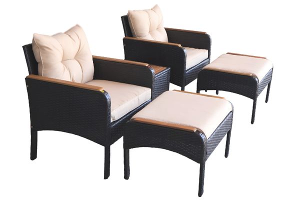 Gartenmöbelset Rattan-Möbelset Gartenstuhl mit Hocker 5tlg. mit Armlehne aus Akazienholz - beige 
