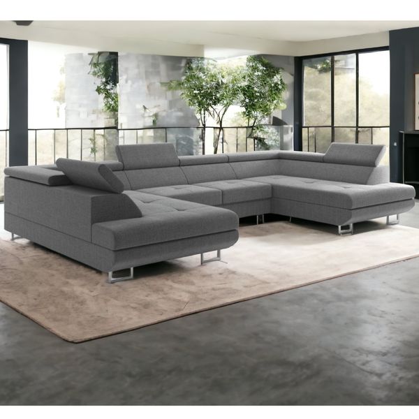 Wohnlandschaft Monaco in U Form mit Bettkasten, ca. 342 x 202 x 77-99 cm - Grau