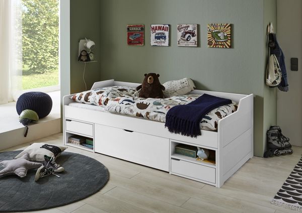 RELITA - Kojenbett LEVI 90x200 Buche massiv weiß lackiert, inkl. Rollrost, 3 Schubladen, 2 Fächer
