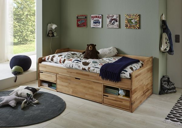 RELITA - Kojenbett LEVI 90x200 Buche massiv natur lackiert, inkl. Rollrost, 3 Schubladen, 2 Fächer