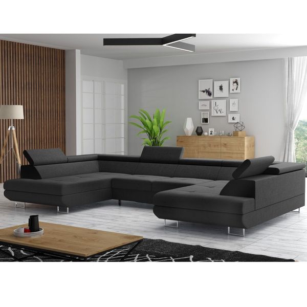 Wohnlandschaft Monaco in U Form mit Bettkasten, ca. 342 x 202 x 77-99 cm - Schwarz