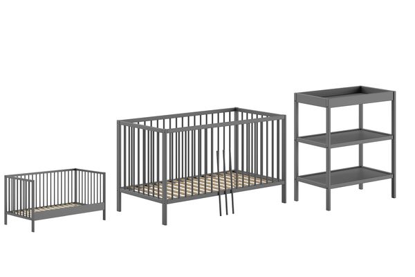 Vipack - DINO Set best. aus Baby/Juniorbett und Wickelregal, Buche massiv anthrazit lackiert