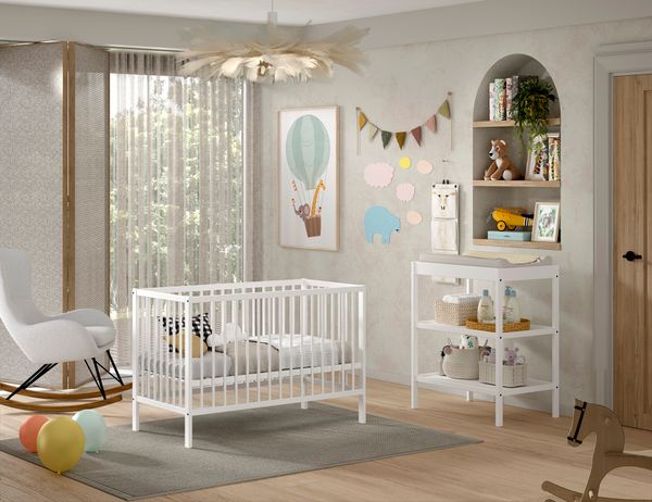 Vipack - DINO Baby Set best. aus Babybett und Wickelregal, Buche massiv weiß lackiert