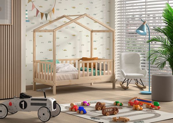 Vipack - Junior Hausbett mit seitlicher Umrandung 70x140cm, m. Rolllattenrost Kiefer massiv Natur