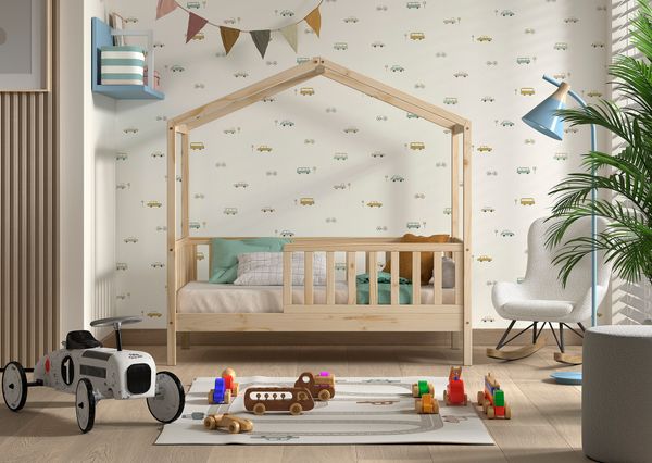 Vipack - Junior Hausbett mit seitlicher Umrandung 70x140cm, m. Rolllattenrost Kiefer massiv Natur