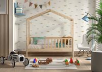 Vipack - Junior Hausbett mit seitlicher Umrandung 70x140cm, m. Rolllattenrost Kiefer massiv Natur