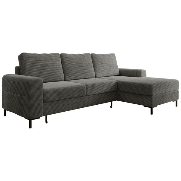Ecksofa SAIGON Cord Anthrazit Grau mit Bettfunktion und Bettkasten Ottomane rechts