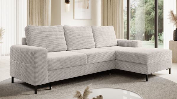 Ecksofa SAIGON Cord Lichtgrau mit Bettfunktion und Bettkasten Bett Sofa Schlafsofa Ottomane rechts