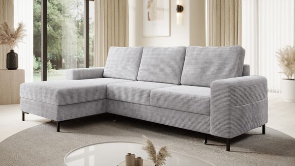 Ecksofa SAIGON Cord Grau mit Bettfunktion und Bettkasten Bett Sofa Schlafsofa Ottomane links