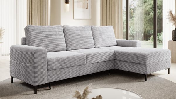Ecksofa SAIGON Cord Grau mit Bettfunktion und Bettkasten Bett Sofa Schlafsofa Ottomane rechts
