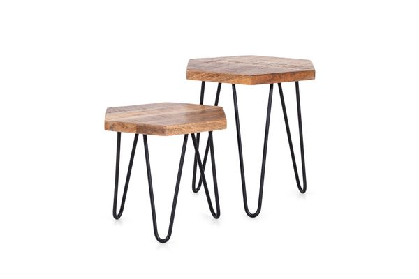 ELEA Zweisatztisch, Breite 45 cm, Metall schwarz pulverbeschichtet, Mangoholz natur