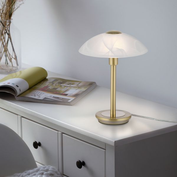 Tischleuchte ENOVA, dimmbar, Glas in Alabaster Dekor, Messing matt