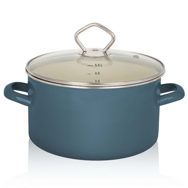 Emaillierter Fleischtopf Petrol mit Glasdeckel, 24 cm