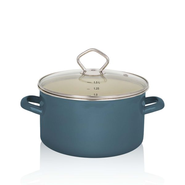 Emaillierter Fleischtopf Petrol mit Glasdeckel, 16 cm