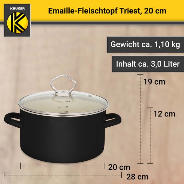 Emaillierter Fleischtopf Triest mit Glasdeckel, 20 cm