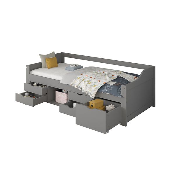 HOME DELUXE Kinderbett COSMOS mit Schubladen und Matratze - 90 x 200 cm Grau