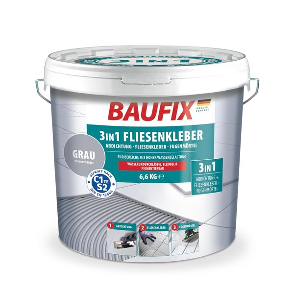 3in1 Fliesenkleber, grau, 6,6 Kg, 2K Verbundabdichtung, Abdichtung Fliesenklebeber & Fugenmörtel in einem Produkt, wasserdicht und pigmentierbar