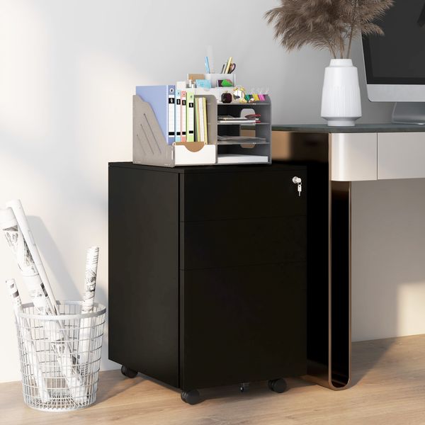 Rollcontainer Aktenschrank mit 3 Schubladen, Büroschrank mit Schloss, Stahl
