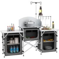 Campingküche klappbar, Outdoor Küche mit Windschutz, 3 Schränkfach