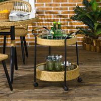 Servierwagen Rattan Gartenrollwagen Trolley mit 2 Regalen Natur