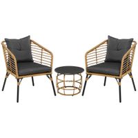 Rattan Gartenmöbel-Set 3-TLG. Sitzgruppe mit Kissen für Terrasse Balkon