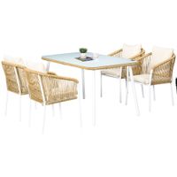 5-tlg. Rattan Gartenmöbel Set Esstisch mit 4 Stapelstühlen Kissen Gelb
