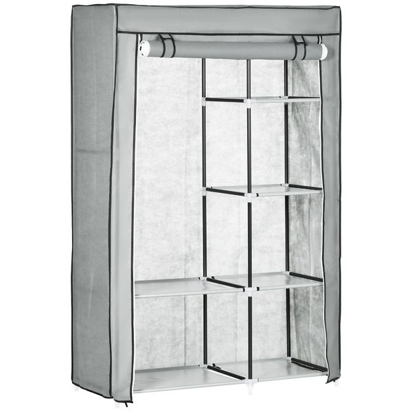 Kleiderschrank Stoffschrank mit 2 Kleiderstangen, 6 Fächern, Grau