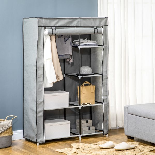 Kleiderschrank Stoffschrank mit 2 Kleiderstangen, 6 Fächern, Grau