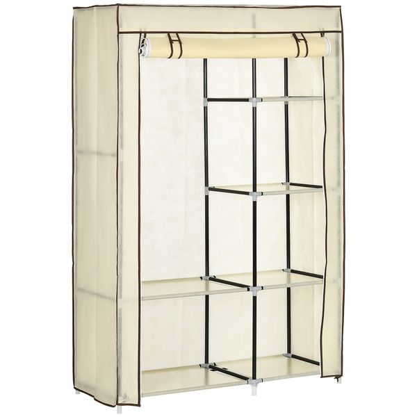 Kleiderschrank Stoffschrank mit 2 Kleiderstangen, 6 Fächern, Creme