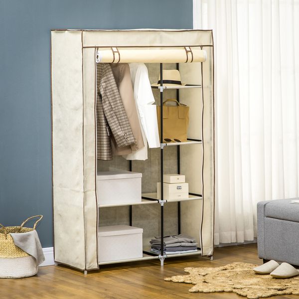 Kleiderschrank Stoffschrank mit 2 Kleiderstangen, 6 Fächern, Creme