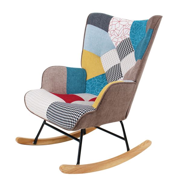 Skandinavischer Schaukelstuhl Schwingsessel Akzentstuhl CHESTER bis 120 kg, Stoffbezug Patchwork bunt