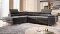 Ecksofa Monaco Samt Grau mit Bett Bettkasten Kopfteilverstellung Bett Sofa Schlafsofa Ottomane links, verstellbar