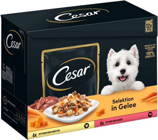 Portionsbeutel Multipack Selektion in Gelee mit Huhn und Karotten, mit Rind und Gemüse 12x100g
