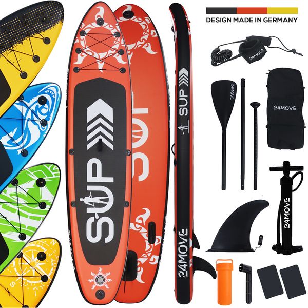 24MOVE® Standup Paddle Board SUP, inkl. Zubehör, Paddel und Hochdruckpumpe, ROT, 366x80x15cm