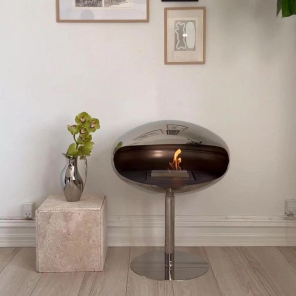 Kokonsockel, polierter Stahl, freistehender Bioethanol-Kamin, 3 kW