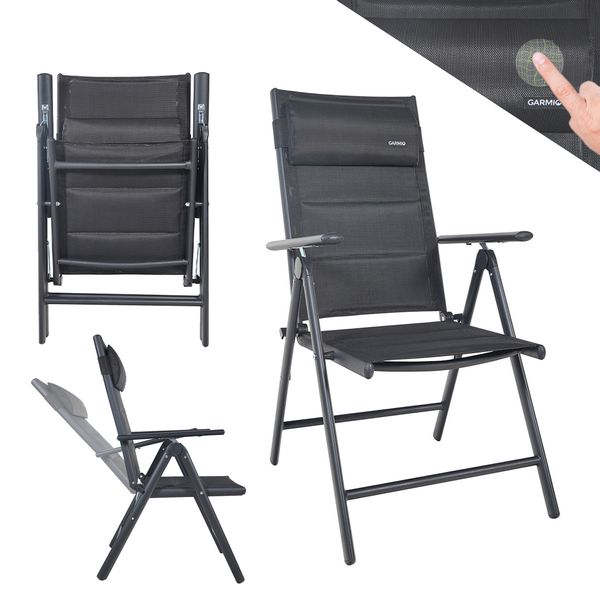Gartenstuhl FLORENZ schwarz, klappbar, 7-fach verstellbar, Balkonstuhl mit Nackenkissen