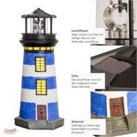 Lemodo Gartendeko Leuchtturm mit Solar blau/weiß, handbemalte Gartenfigur 83 cm hoch