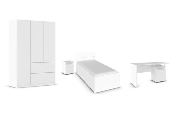 Joel Schlafzimmer bestehend aus Drehtürenschrank, Bett, Schreibtisch und Nachttisch